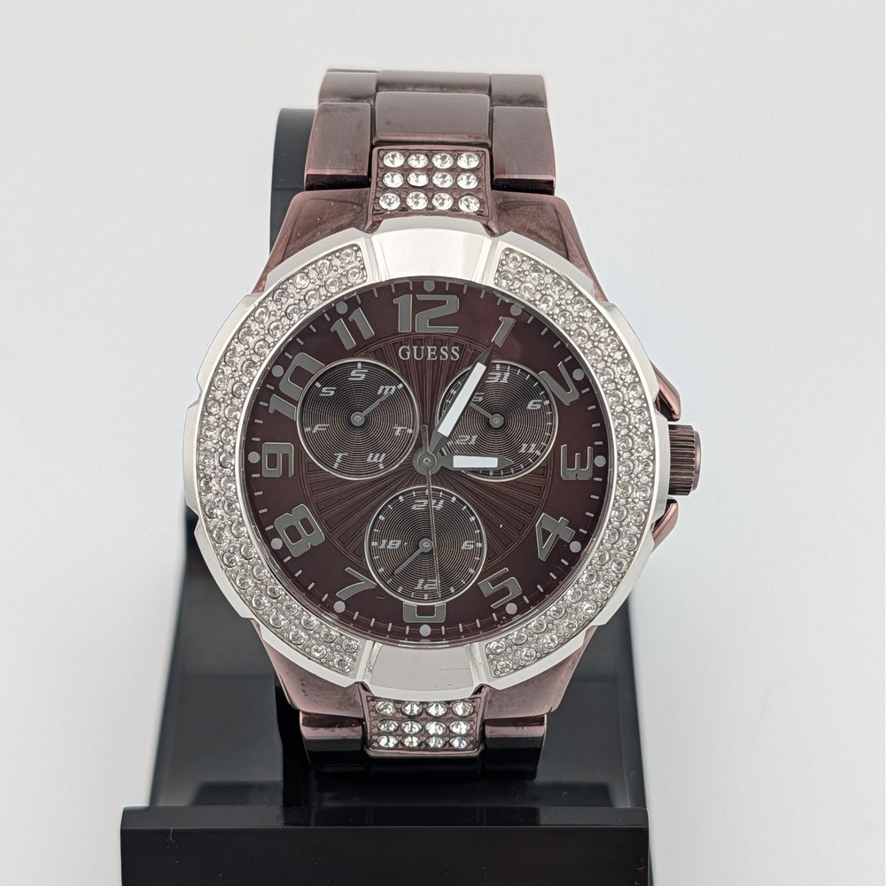Guess‎ Brown Crystal Bezel Multifunction Watch Textured Chocolate Dial U16501L1
